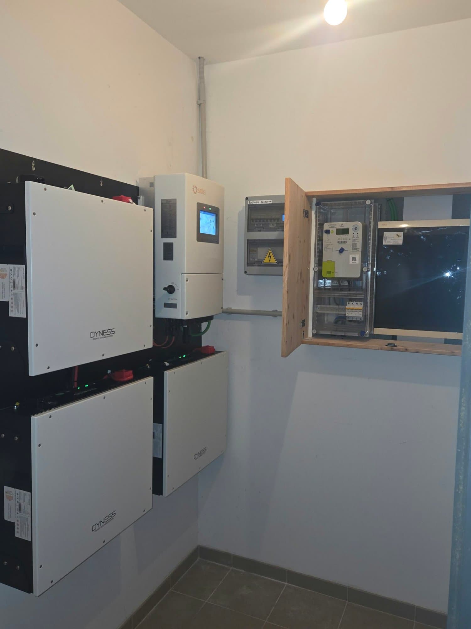 Inverter, battery modules and switchgear on the wall of a technical room