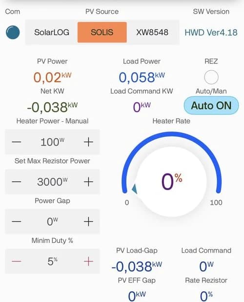 The app of the hot-water controller: solar power, consumption and heater power